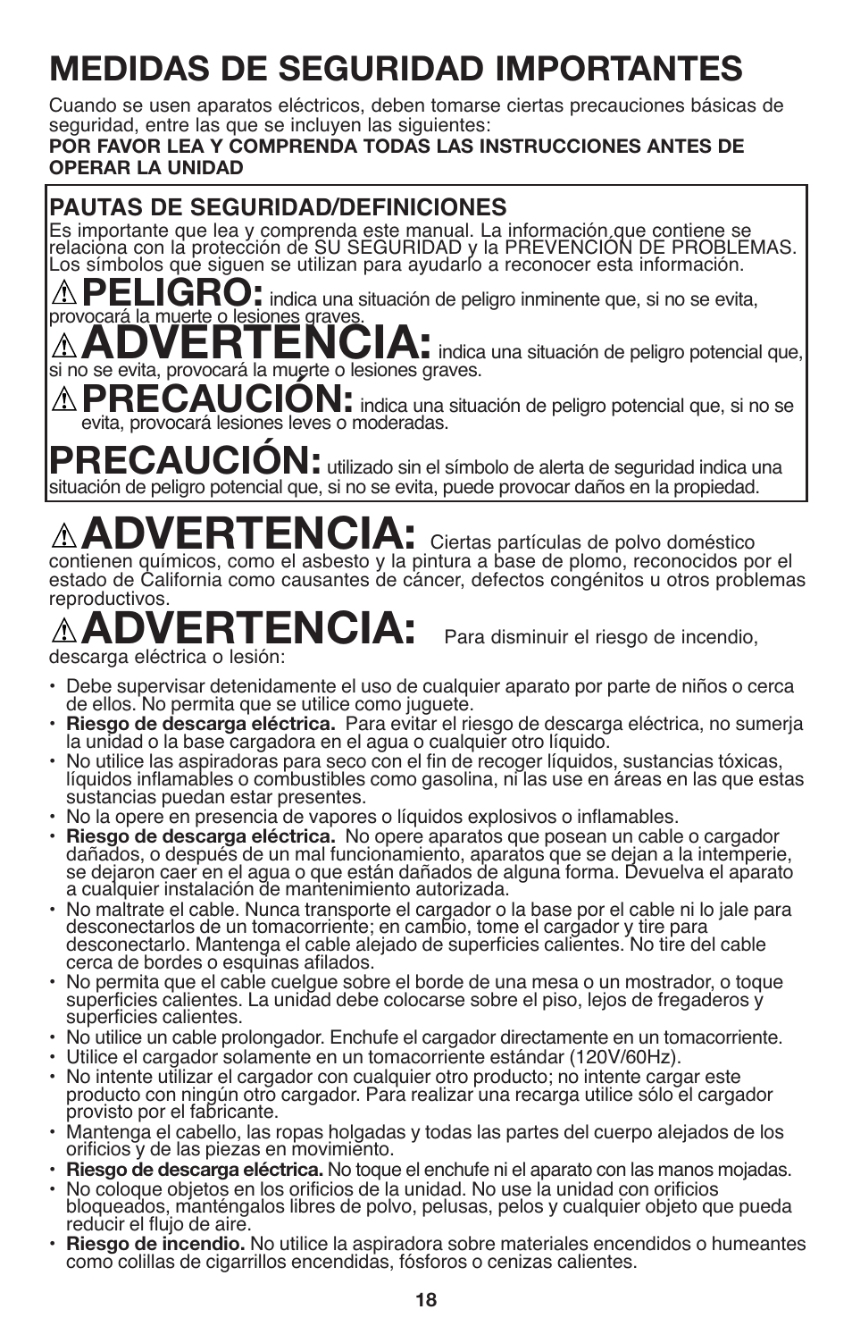 Advertencia, Peligro, Precaución | Medidas de seguridad importantes | Black & Decker 90564858 User Manual | Page 18 / 28