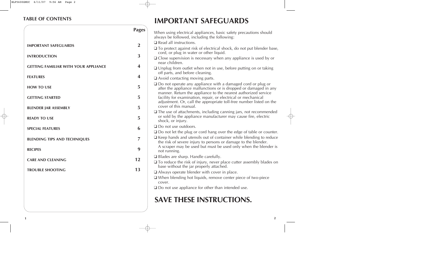 Important safeguards, Save these instructions | Black & Decker iBLEND BLP5600GM User Manual | Page 2 / 25