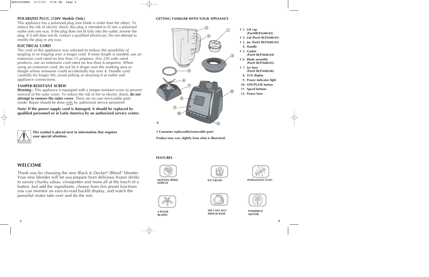 Welcome, Iblend, Getting familiar with your appliance | Features | Black & Decker iBLEND BLP5600GM User Manual | Page 3 / 25