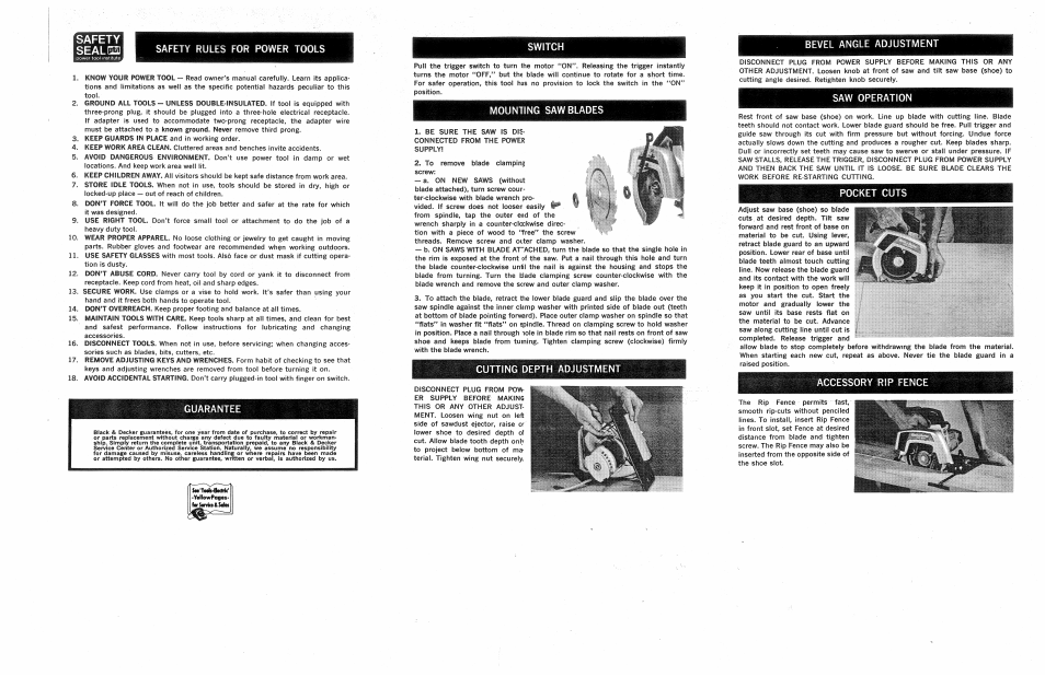 Safety rules for power tools, Switch, Mounting saw blades | Cutting depth adjustment, Bevel angle adjustment, Saw operation, Pocket cuts, Accessory rip fence | Black & Decker 3004 User Manual | Page 2 / 2