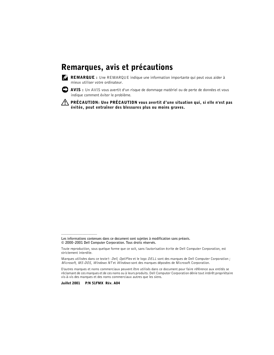 Remarques, avis et précautions | Dell OptiPlex GX240 User Manual | Page 18 / 86