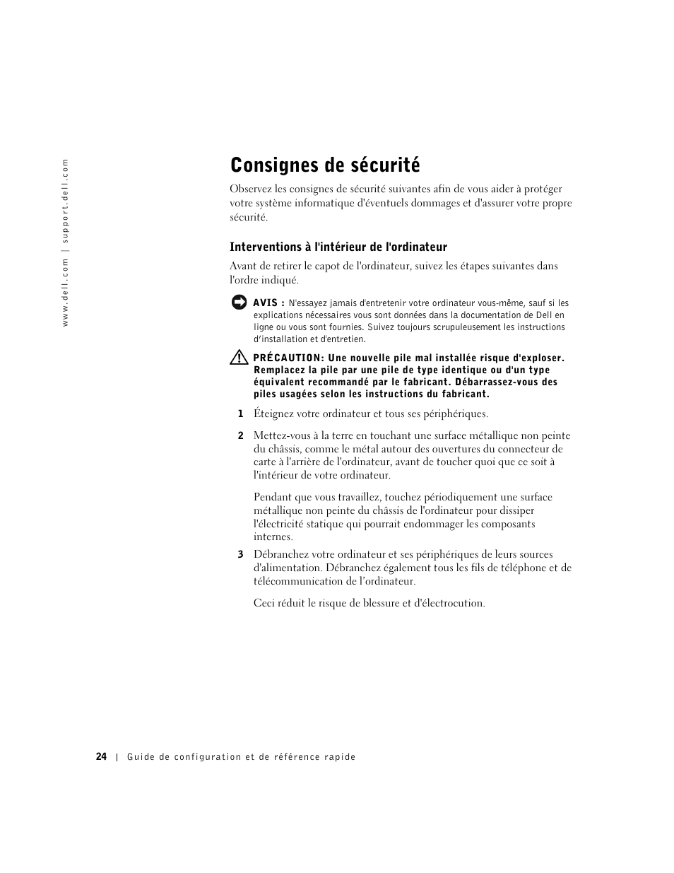 Consignes de sécurité, Interventions à l'intérieur de l'ordinateur | Dell OptiPlex GX240 User Manual | Page 26 / 86