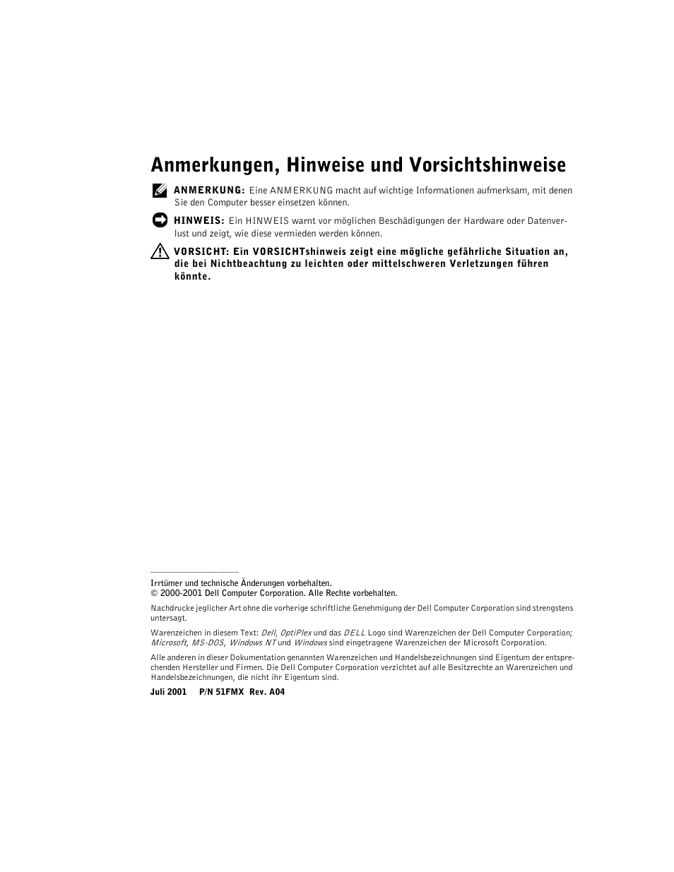 Anmerkungen, hinweise und vorsichtshinweise | Dell OptiPlex GX240 User Manual | Page 32 / 86