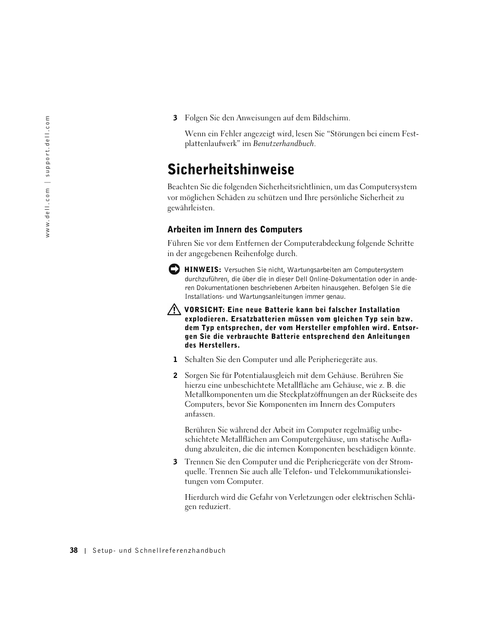 Sicherheitshinweise, Arbeiten im innern des computers | Dell OptiPlex GX240 User Manual | Page 40 / 86