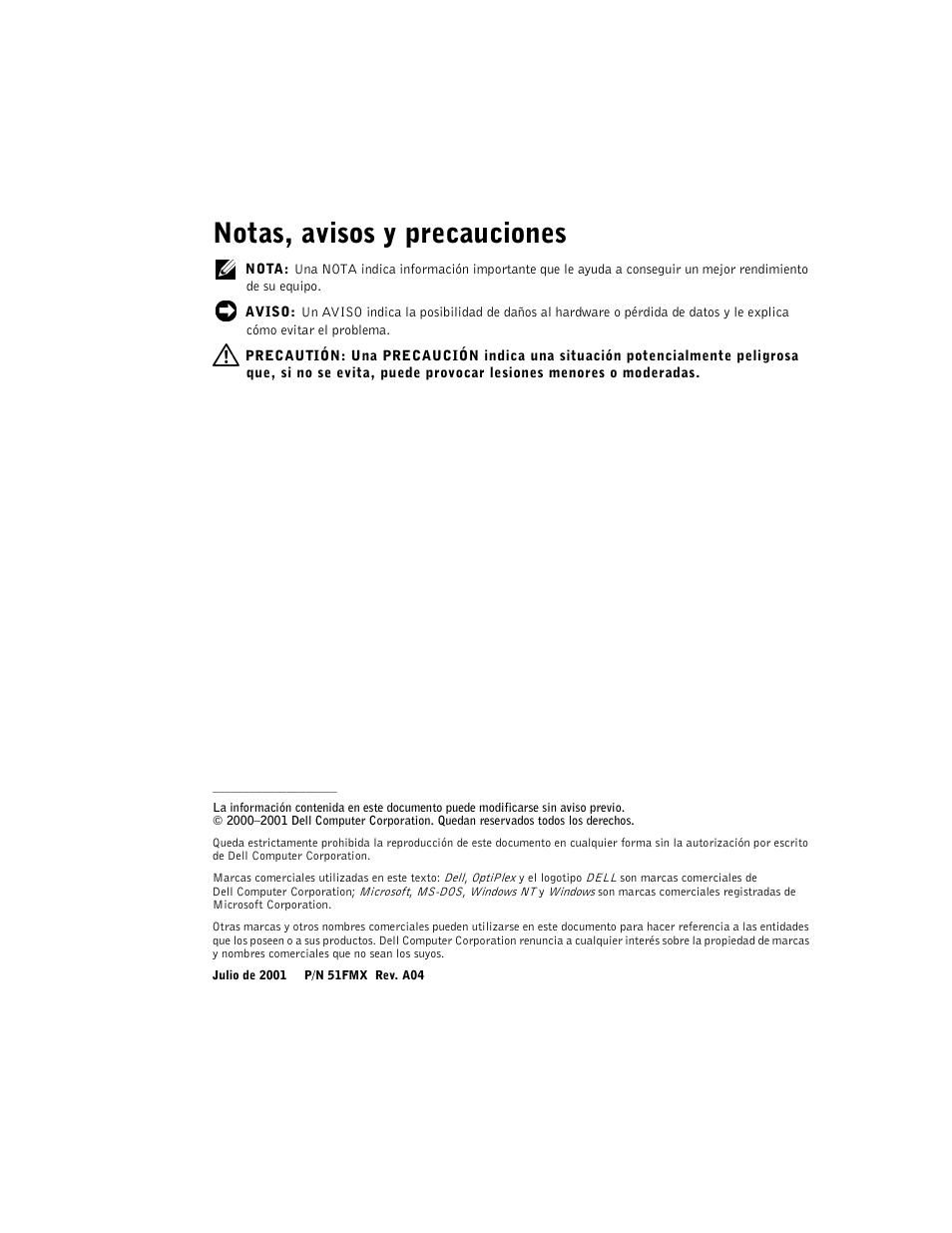 Notas, avisos y precauciones | Dell OptiPlex GX240 User Manual | Page 60 / 86