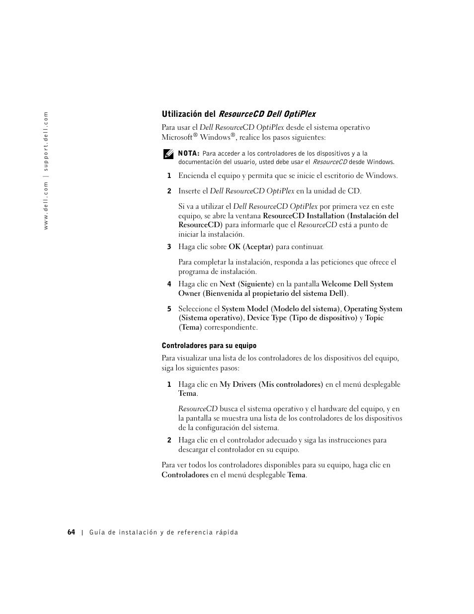 Utilización del resourcecd dell optiplex | Dell OptiPlex GX240 User Manual | Page 66 / 86