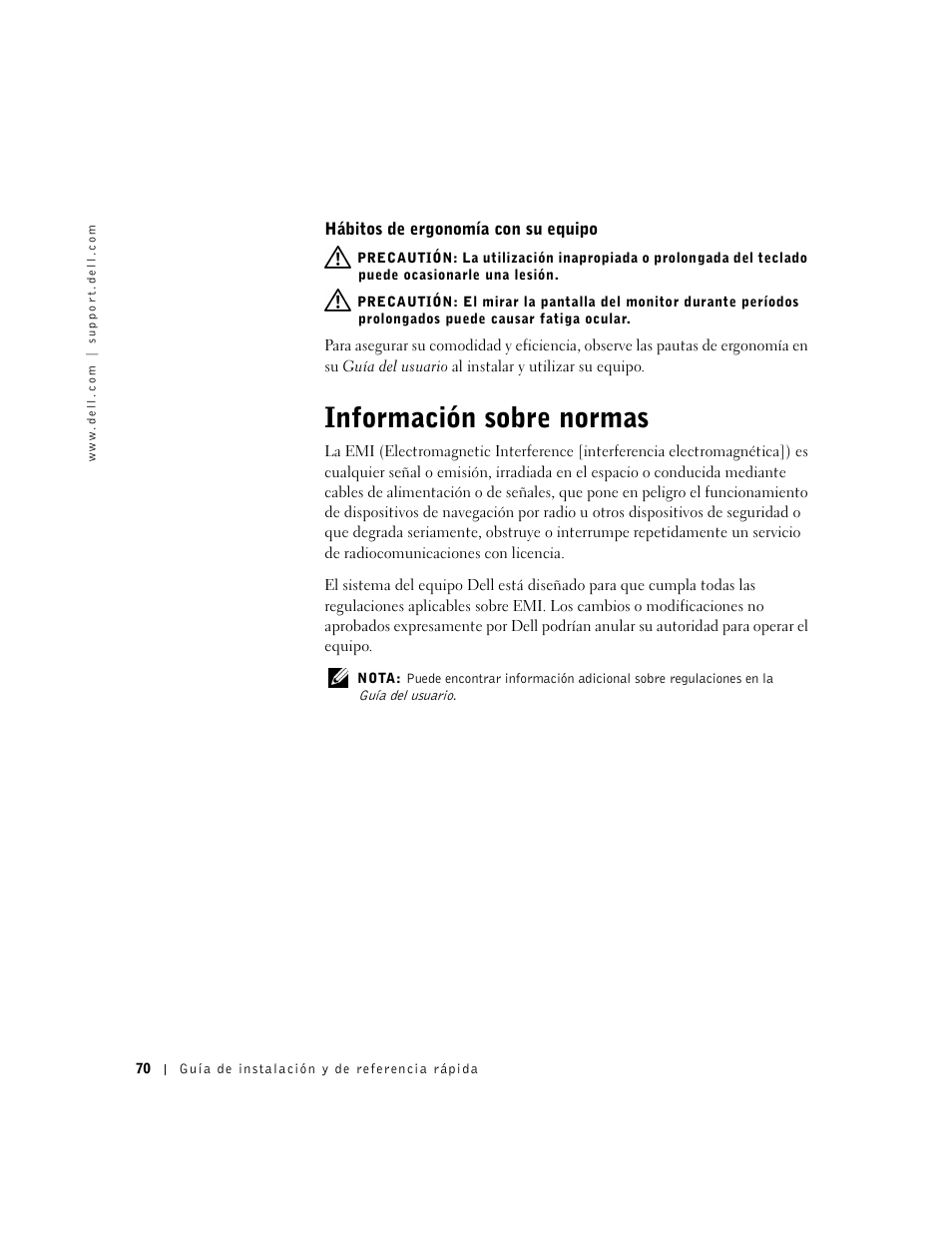 Hábitos de ergonomía con su equipo, Información sobre normas | Dell OptiPlex GX240 User Manual | Page 72 / 86