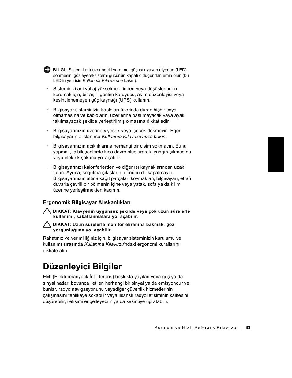 Ergonomik bilgisayar alışkanlıkları, Düzenleyici bilgiler | Dell OptiPlex GX240 User Manual | Page 85 / 86