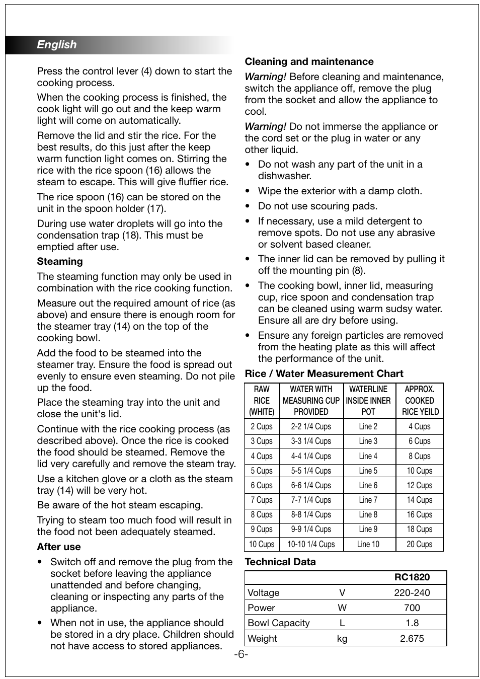 English -6 | Black & Decker RC1820 User Manual | Page 6 / 14