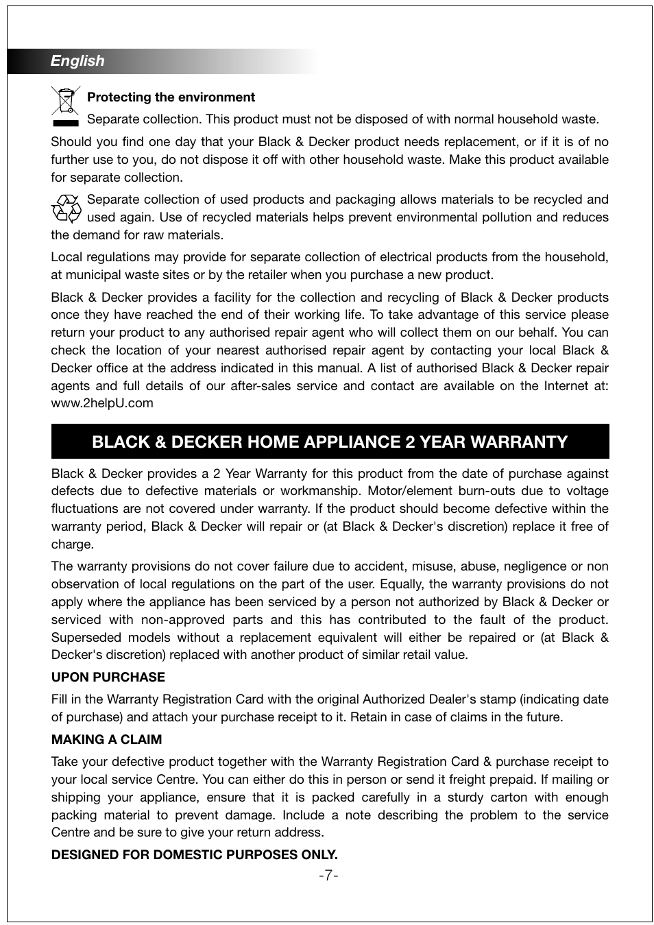 Black & decker home appliance 2 year warranty | Black & Decker RC1820 User Manual | Page 7 / 14