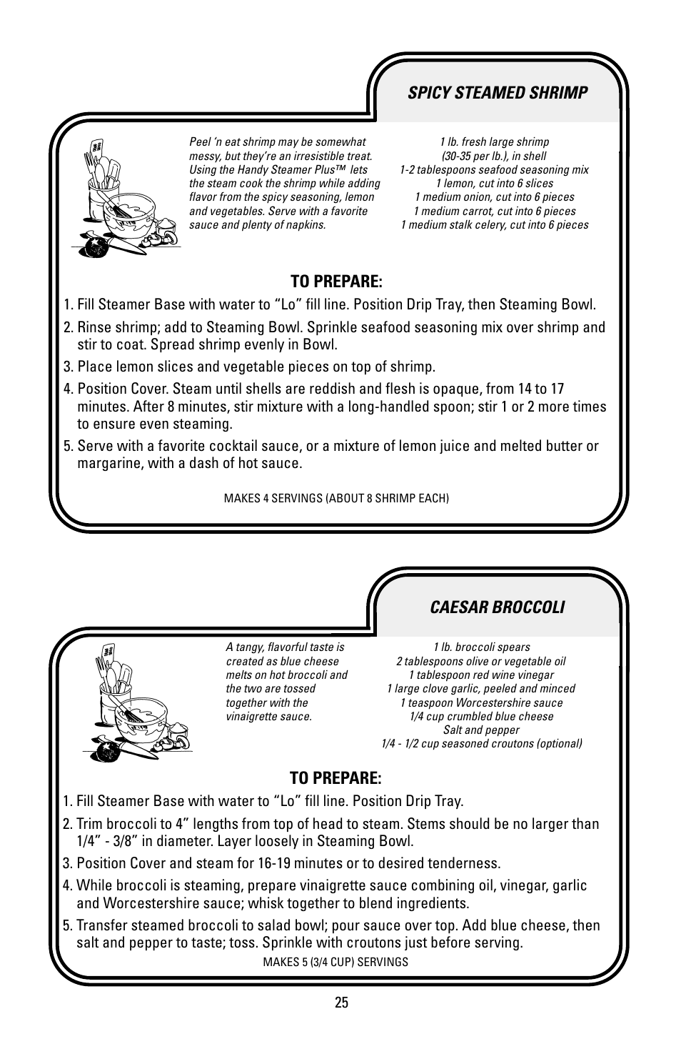 Caesar broccoli, Spicy steamed shrimp | Black & Decker HS90 User Manual | Page 25 / 30