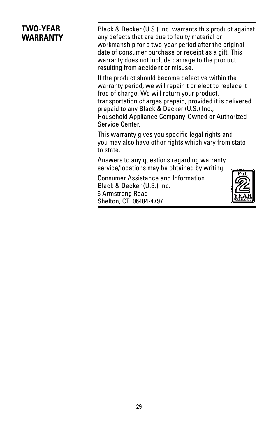 Two-year warranty | Black & Decker HS90 User Manual | Page 29 / 30