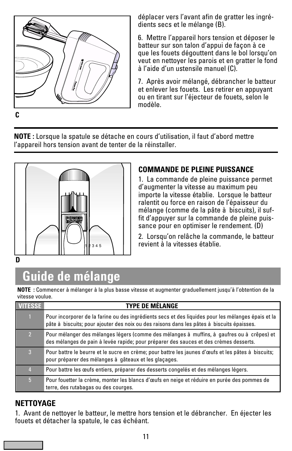 Guide de melange, Guide de mélange, Nettoyage | Commande de pleine puissance | Black & Decker MX50 series User Manual | Page 11 / 12