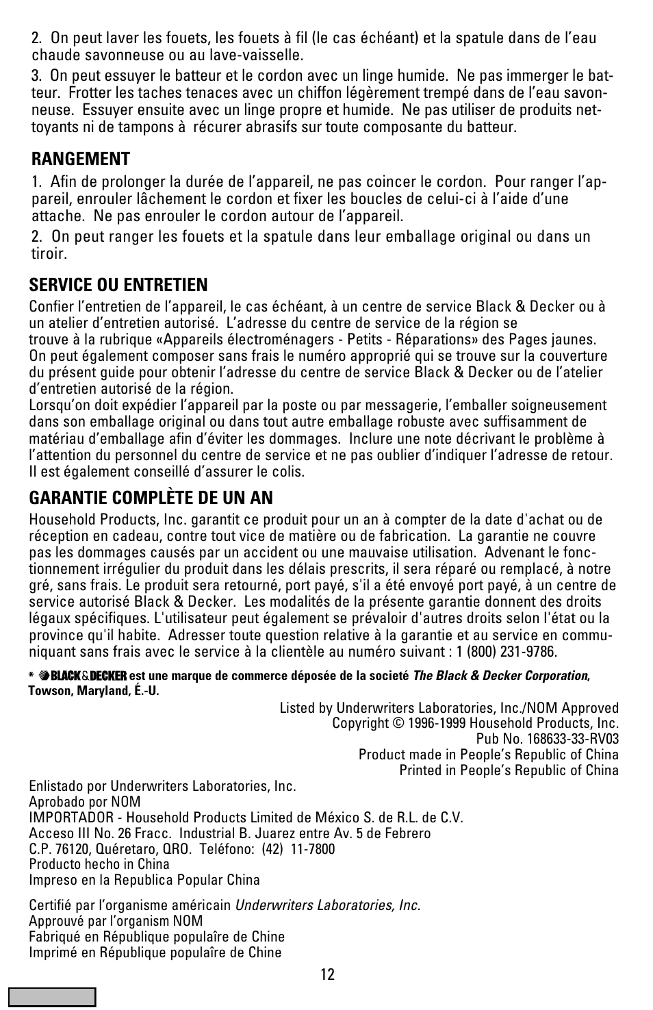Garantie, Rangement, Service ou entretien | Garantie complète de un an | Black & Decker MX50 series User Manual | Page 12 / 12