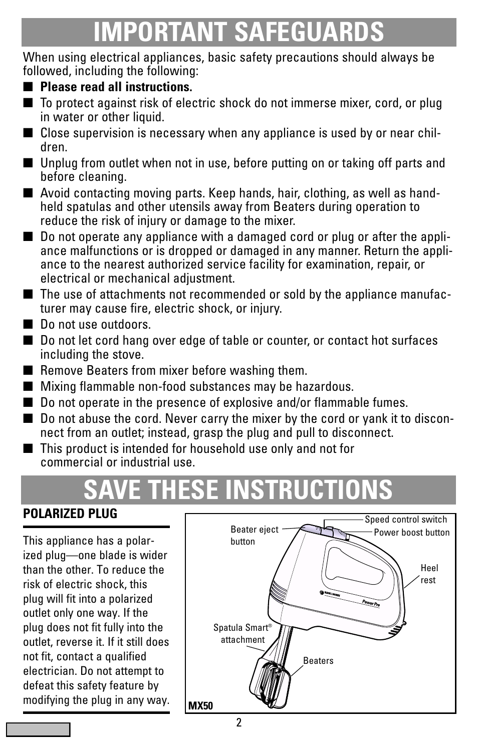 Safegaurds, Spatula mixer, English, see pg. 2) | Important safeguards, Save these instructions | Black & Decker MX50 series User Manual | Page 2 / 12