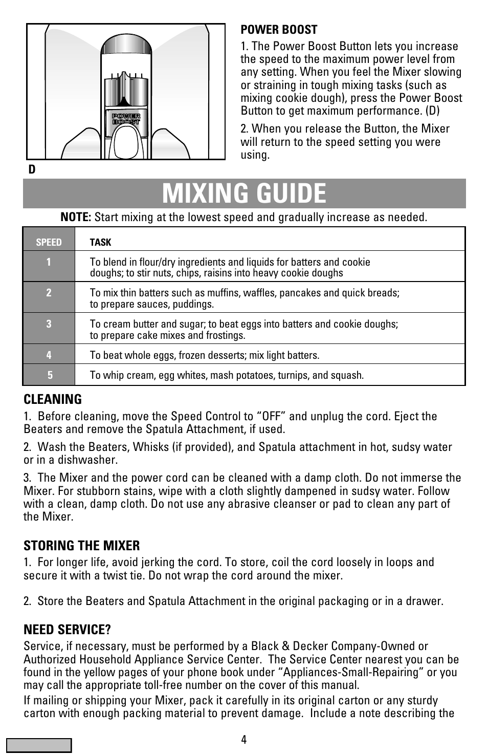 Mixing guide, Cleaning, Storing the mixer | Need service | Black & Decker MX50 series User Manual | Page 4 / 12