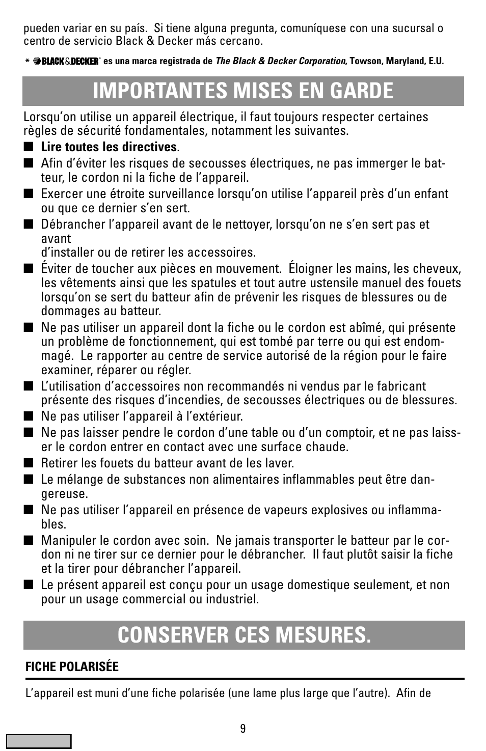 Mises en garde, Batteur à spatule intégrée, Importantes mises en garde | Conserver ces mesures | Black & Decker MX50 series User Manual | Page 9 / 12