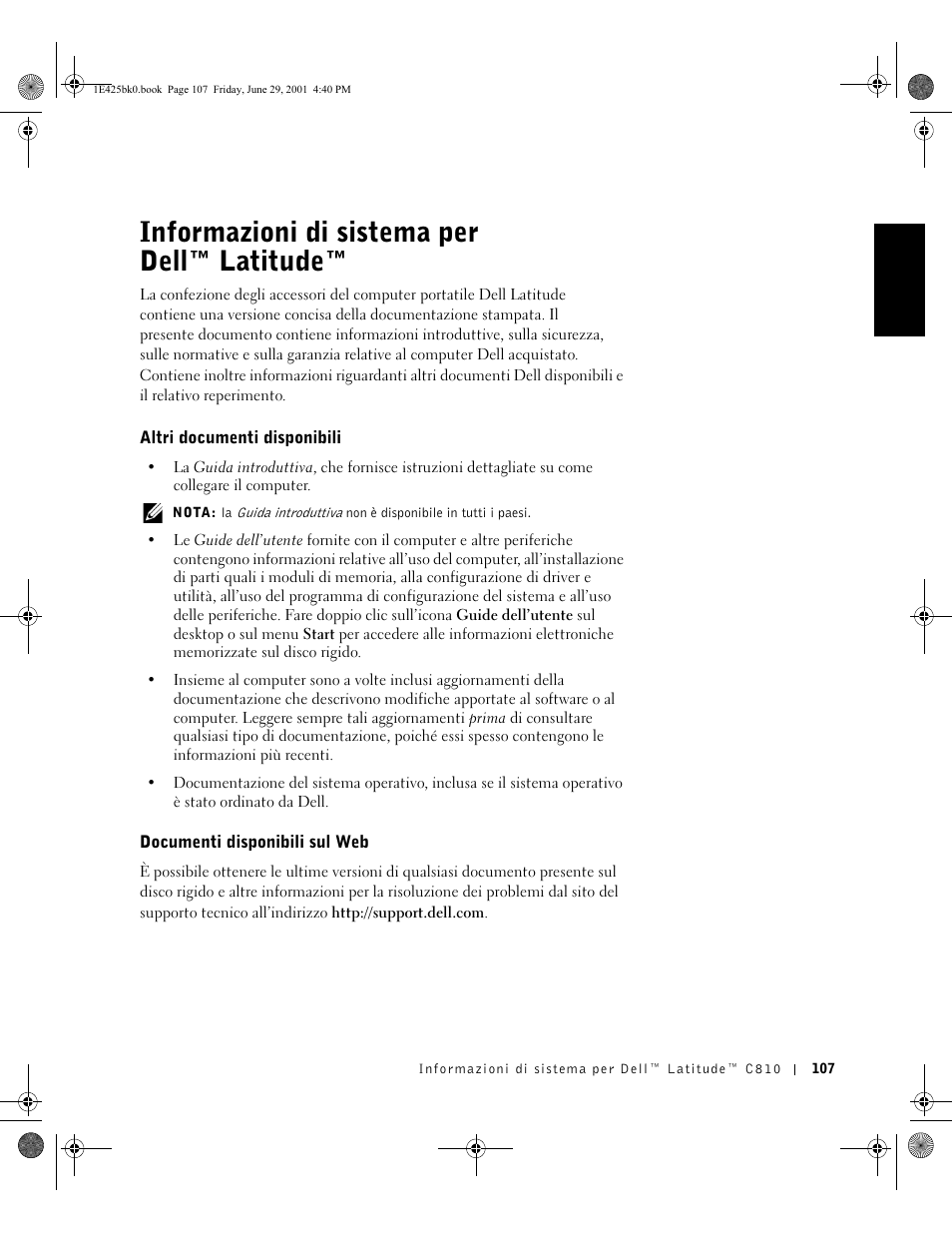 Informazioni di sistema per dell™latitude, Altri documenti disponibili, Documenti disponibili sul web | Italiano, Informazioni di sistema per dell™ latitude | Dell Latitude C810 User Manual | Page 109 / 188
