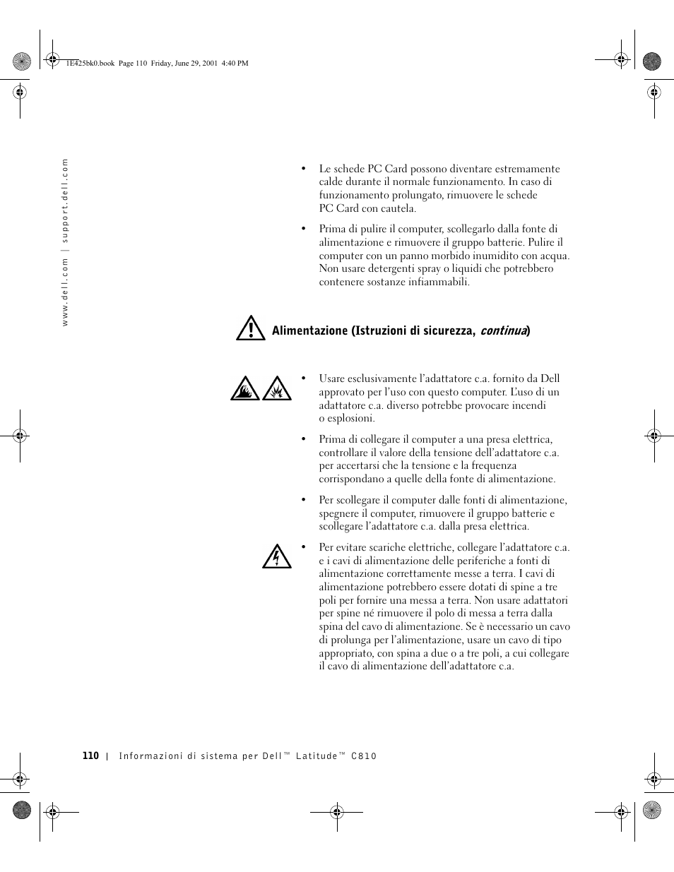 Alimentazione (istruzioni di sicurezza, continua) | Dell Latitude C810 User Manual | Page 112 / 188