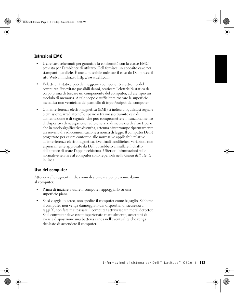 Istruzioni emc, Uso del computer | Dell Latitude C810 User Manual | Page 115 / 188