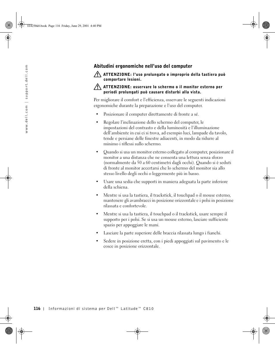 Abitudini ergonomiche nell’uso del computer | Dell Latitude C810 User Manual | Page 118 / 188