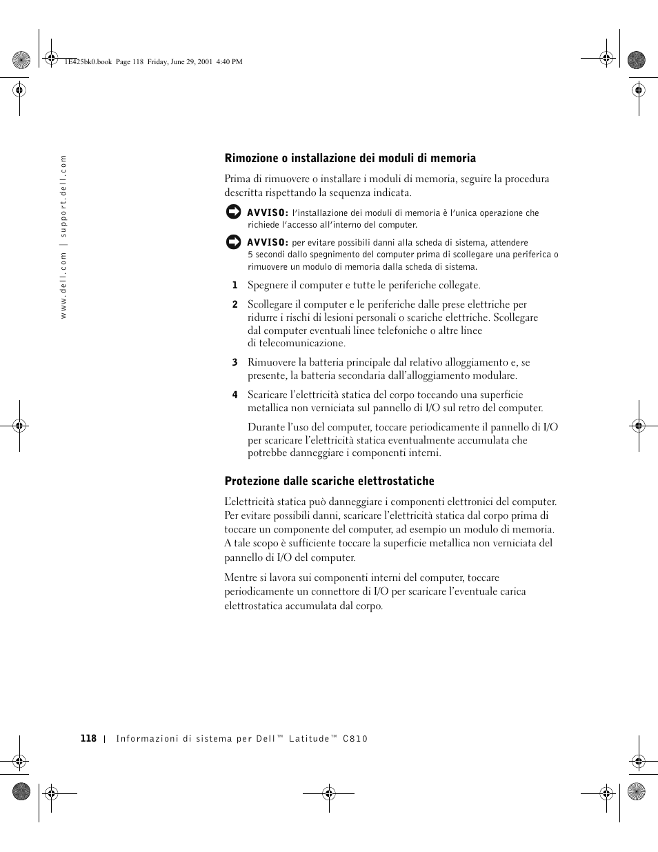 Rimozione o installazione dei moduli di memoria, Protezione dalle scariche elettrostatiche | Dell Latitude C810 User Manual | Page 120 / 188