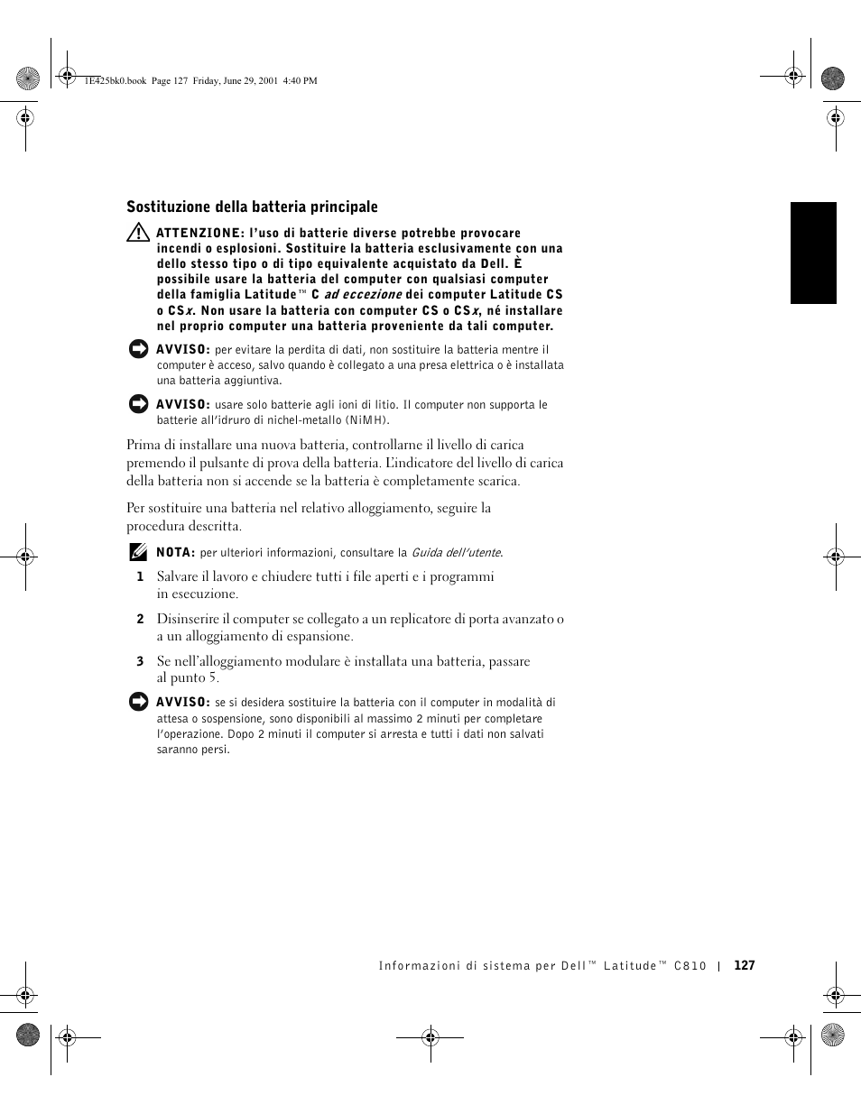 Sostituzione della batteria principale | Dell Latitude C810 User Manual | Page 129 / 188