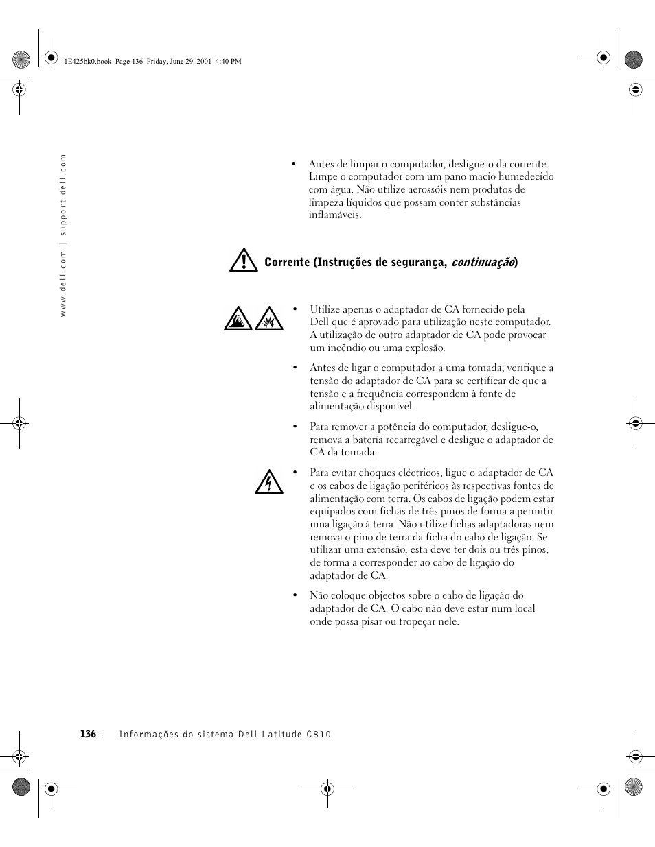 Corrente (instruções de segurança, continuação) | Dell Latitude C810 User Manual | Page 138 / 188
