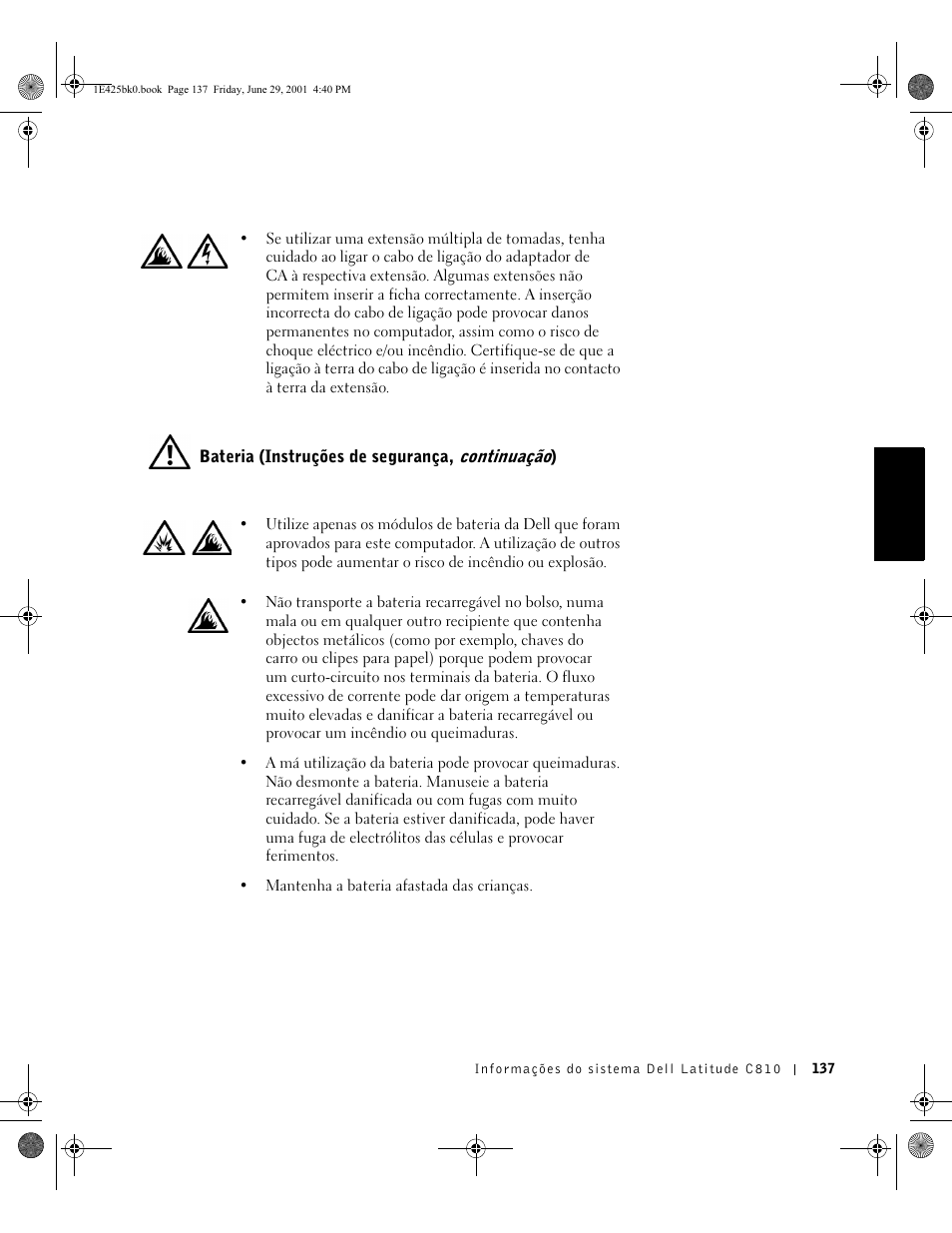 Bateria (instruções de segurança, continuação) | Dell Latitude C810 User Manual | Page 139 / 188