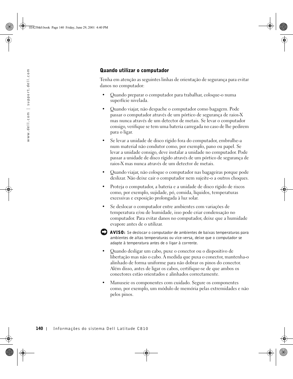 Quando utilizar o computador | Dell Latitude C810 User Manual | Page 142 / 188