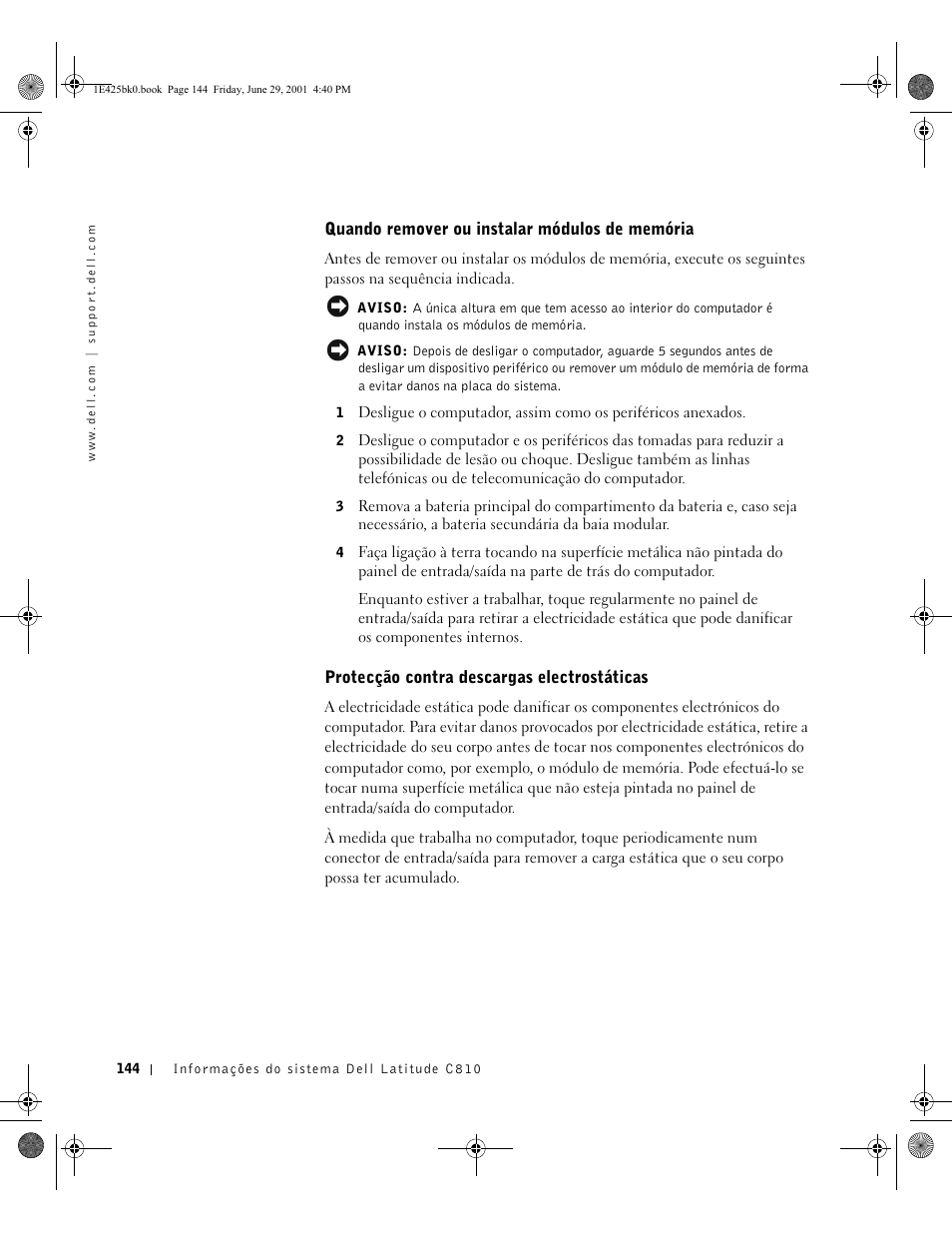 Quando remover ou instalar módulos de memória, Protecção contra descargas electrostáticas | Dell Latitude C810 User Manual | Page 146 / 188