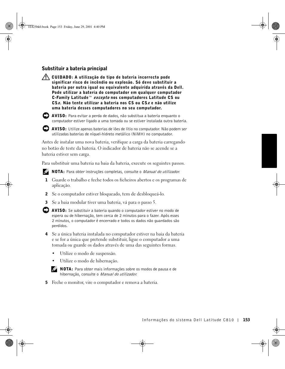 Substituir a bateria principal | Dell Latitude C810 User Manual | Page 155 / 188