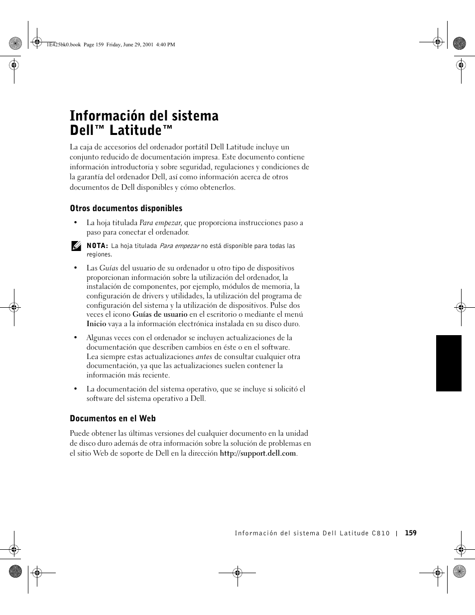 Informacióndel sistema dell™latitude, Otros documentos disponibles, Documentos en el web | Español, Información del sistema dell™ latitude | Dell Latitude C810 User Manual | Page 161 / 188