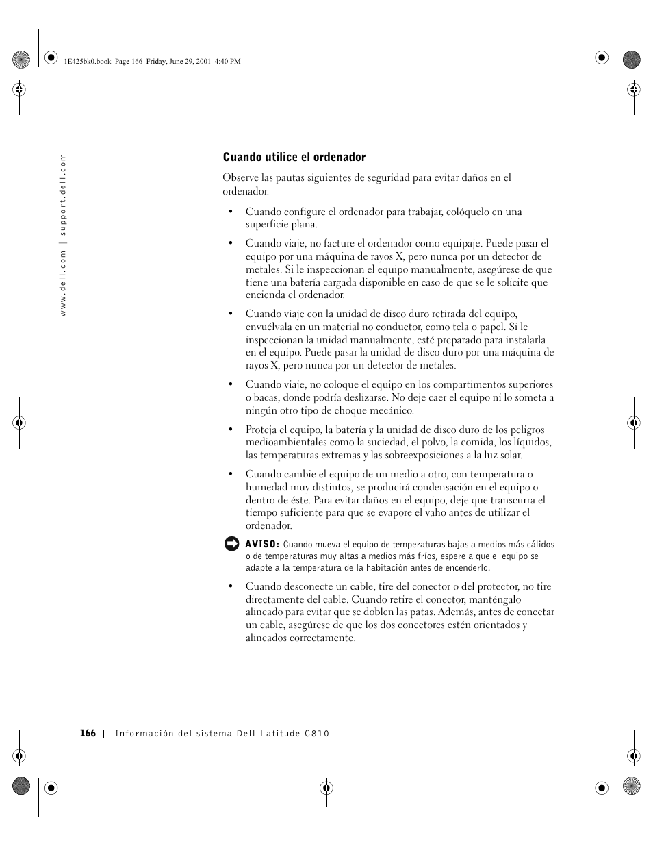 Cuando utilice el ordenador | Dell Latitude C810 User Manual | Page 168 / 188