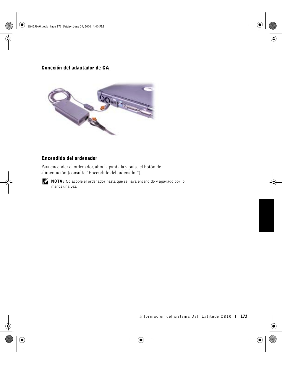 Conexión del adaptador de ca, Encendido del ordenador | Dell Latitude C810 User Manual | Page 175 / 188