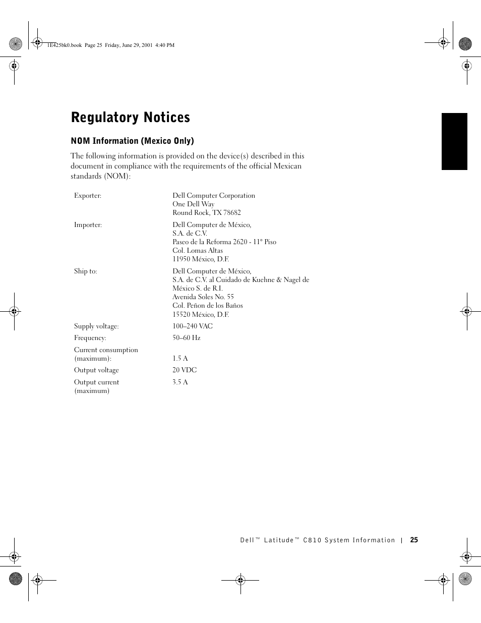 Regulatory notices, Nom information (mexico only) | Dell Latitude C810 User Manual | Page 27 / 188