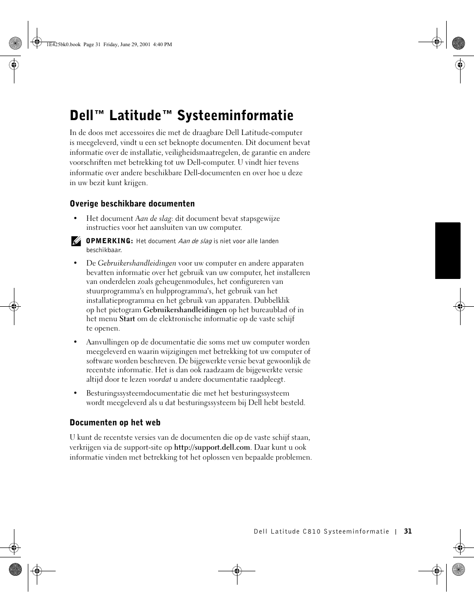 Dell™ latitude™systeeminformatie, Overige beschikbare documenten, Documenten op het web | Nederlands, Dell™ latitude™ systeeminformatie | Dell Latitude C810 User Manual | Page 33 / 188