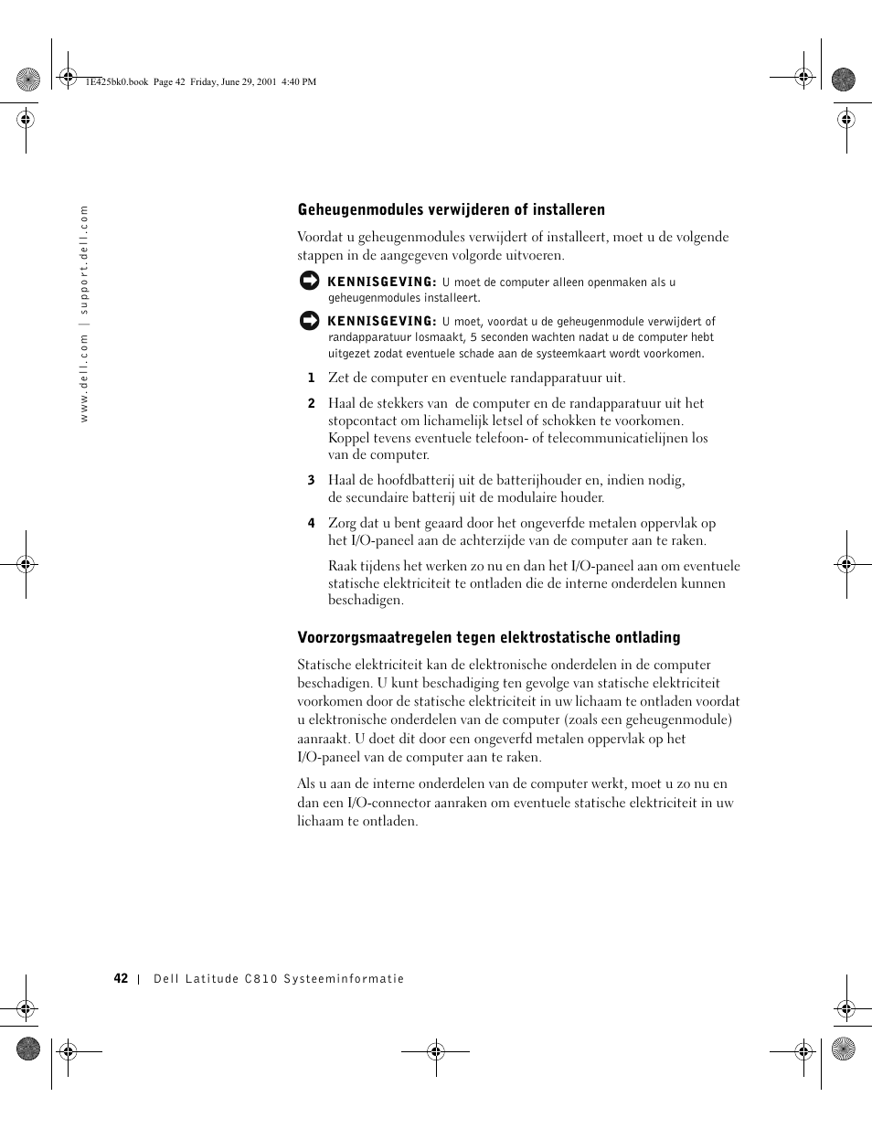 Geheugenmodules verwijderen of installeren | Dell Latitude C810 User Manual | Page 44 / 188