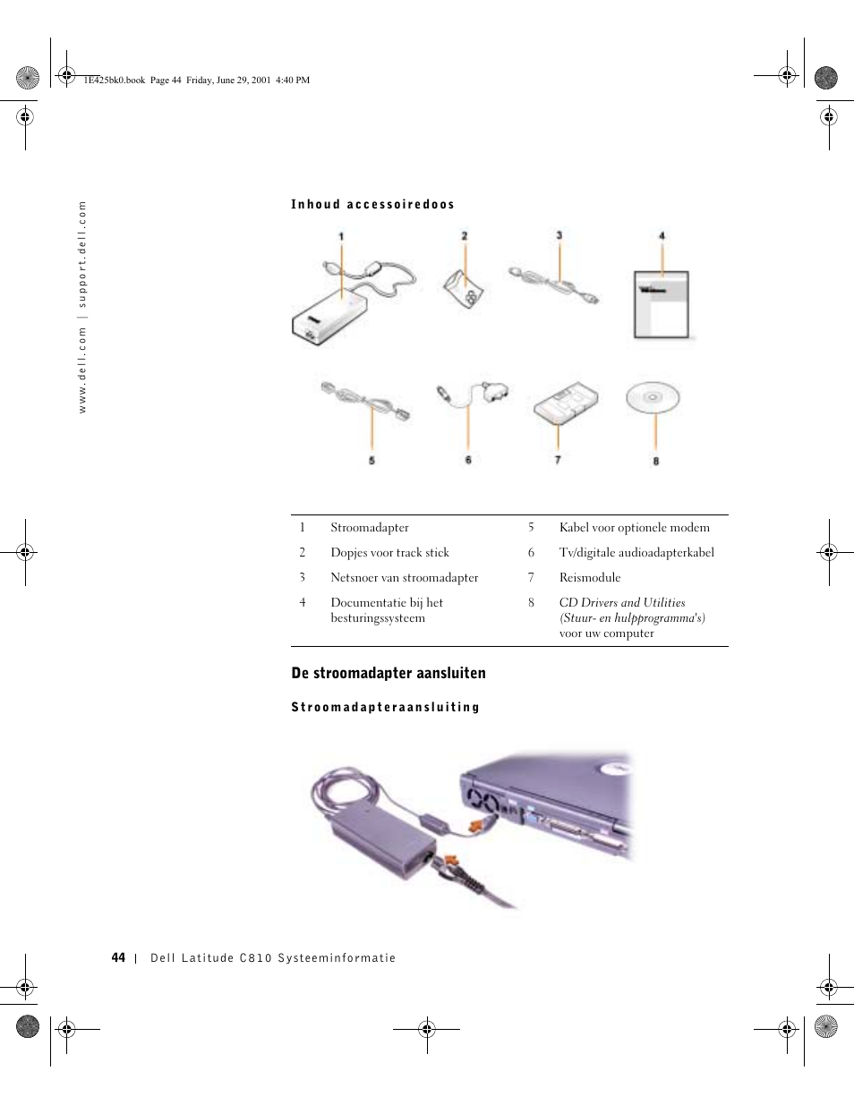 De stroomadapter aansluiten | Dell Latitude C810 User Manual | Page 46 / 188