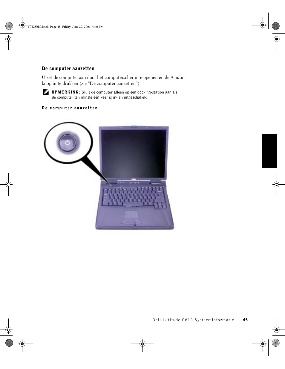 De computer aanzetten | Dell Latitude C810 User Manual | Page 47 / 188