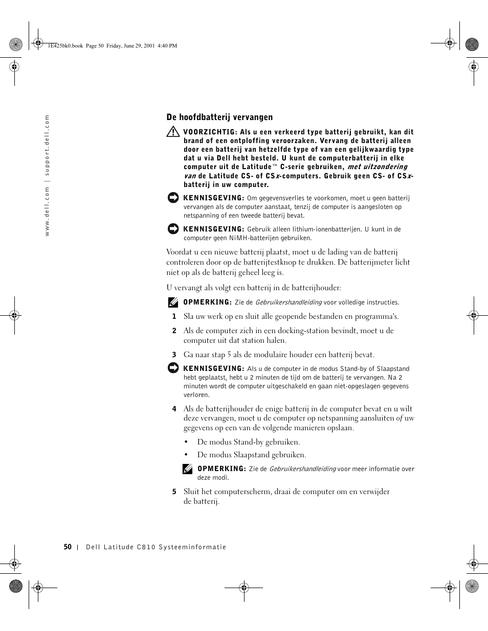 De hoofdbatterij vervangen | Dell Latitude C810 User Manual | Page 52 / 188