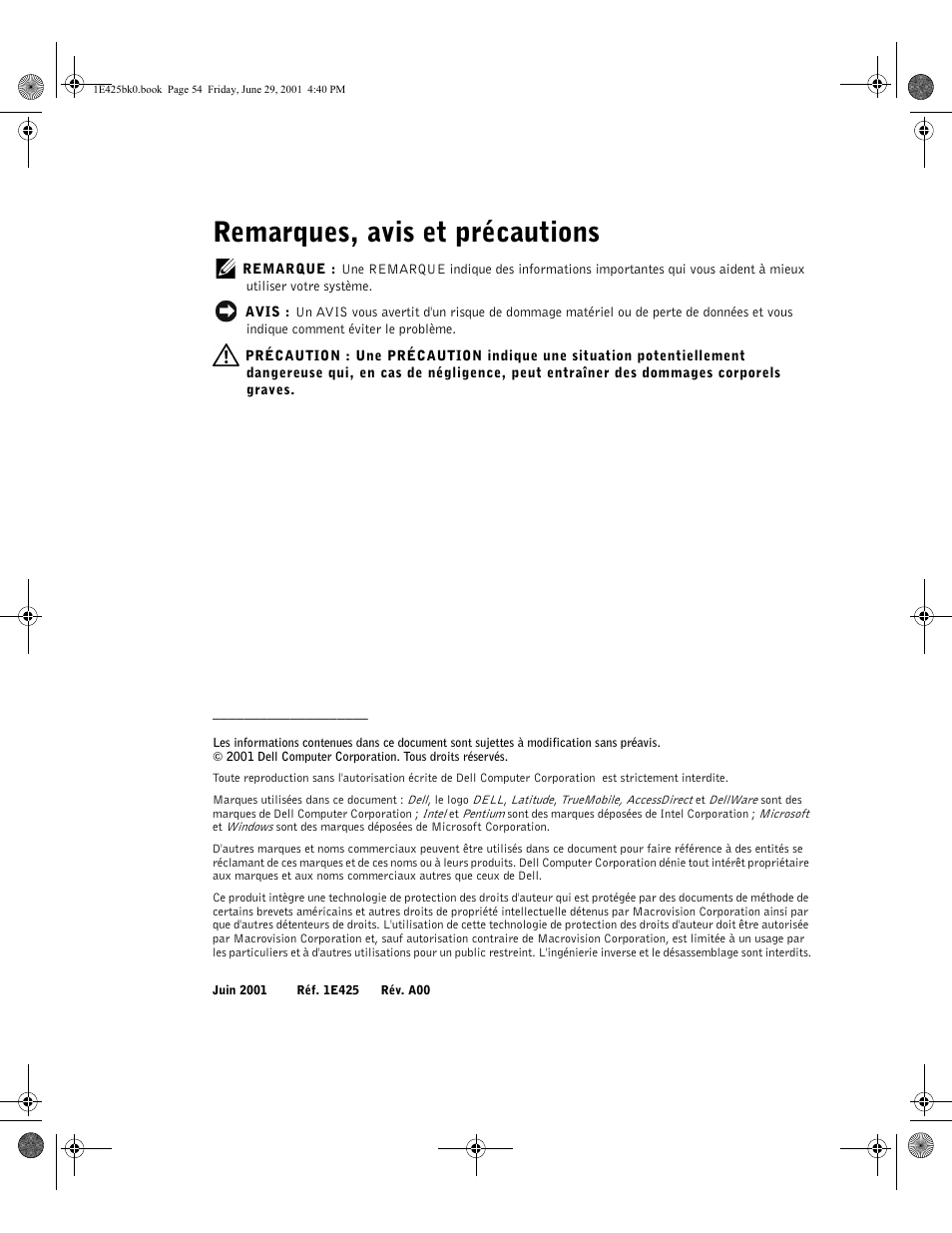 Remarques, avis et précautions | Dell Latitude C810 User Manual | Page 56 / 188