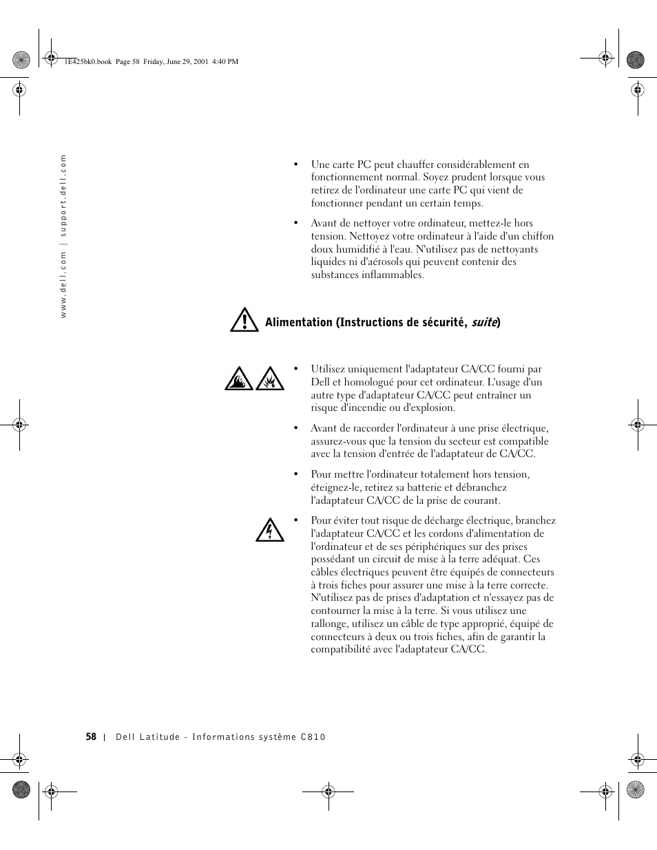 Alimentation (instructions de sécurité, suite) | Dell Latitude C810 User Manual | Page 60 / 188