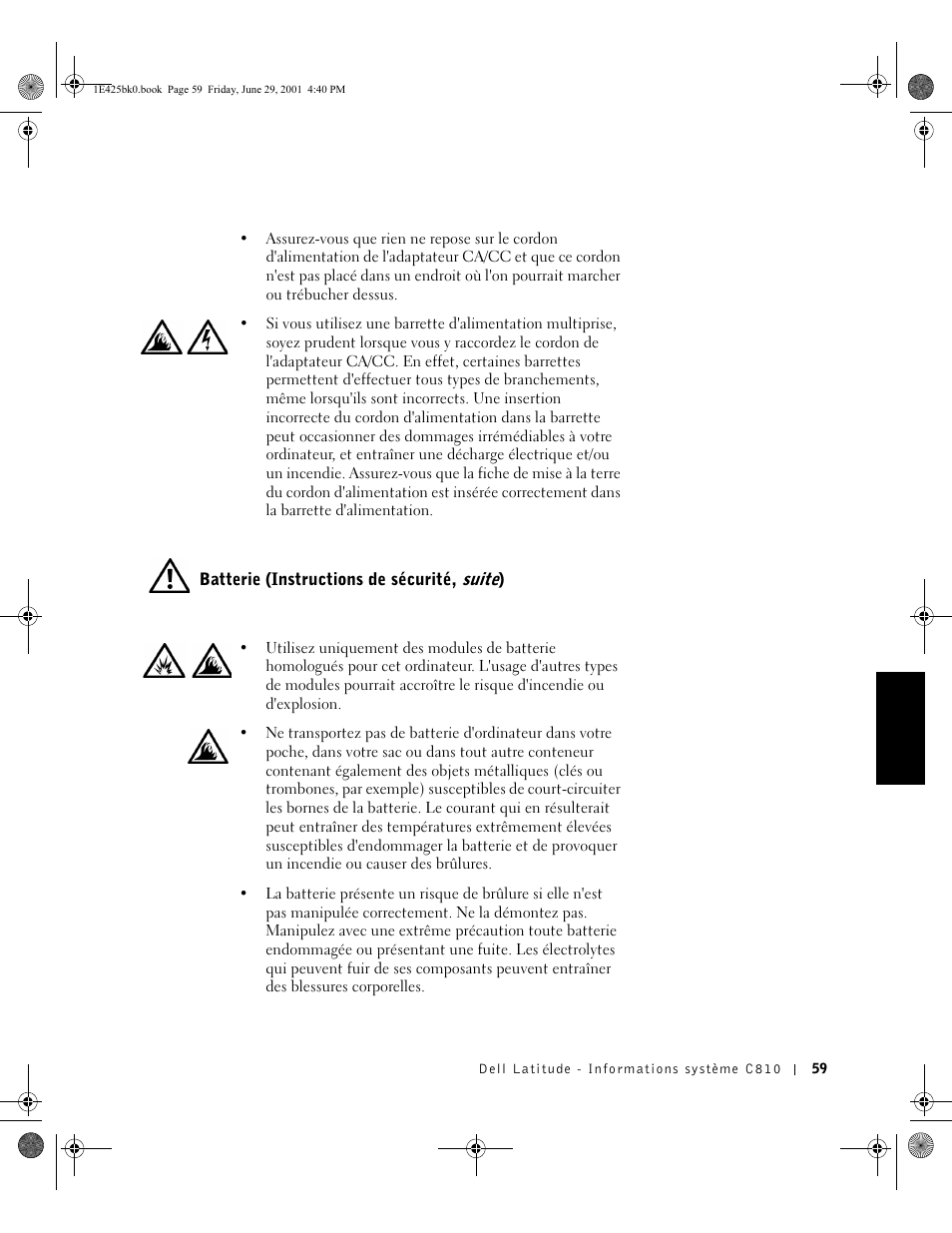 Batterie (instructions de sécurité, suite) | Dell Latitude C810 User Manual | Page 61 / 188