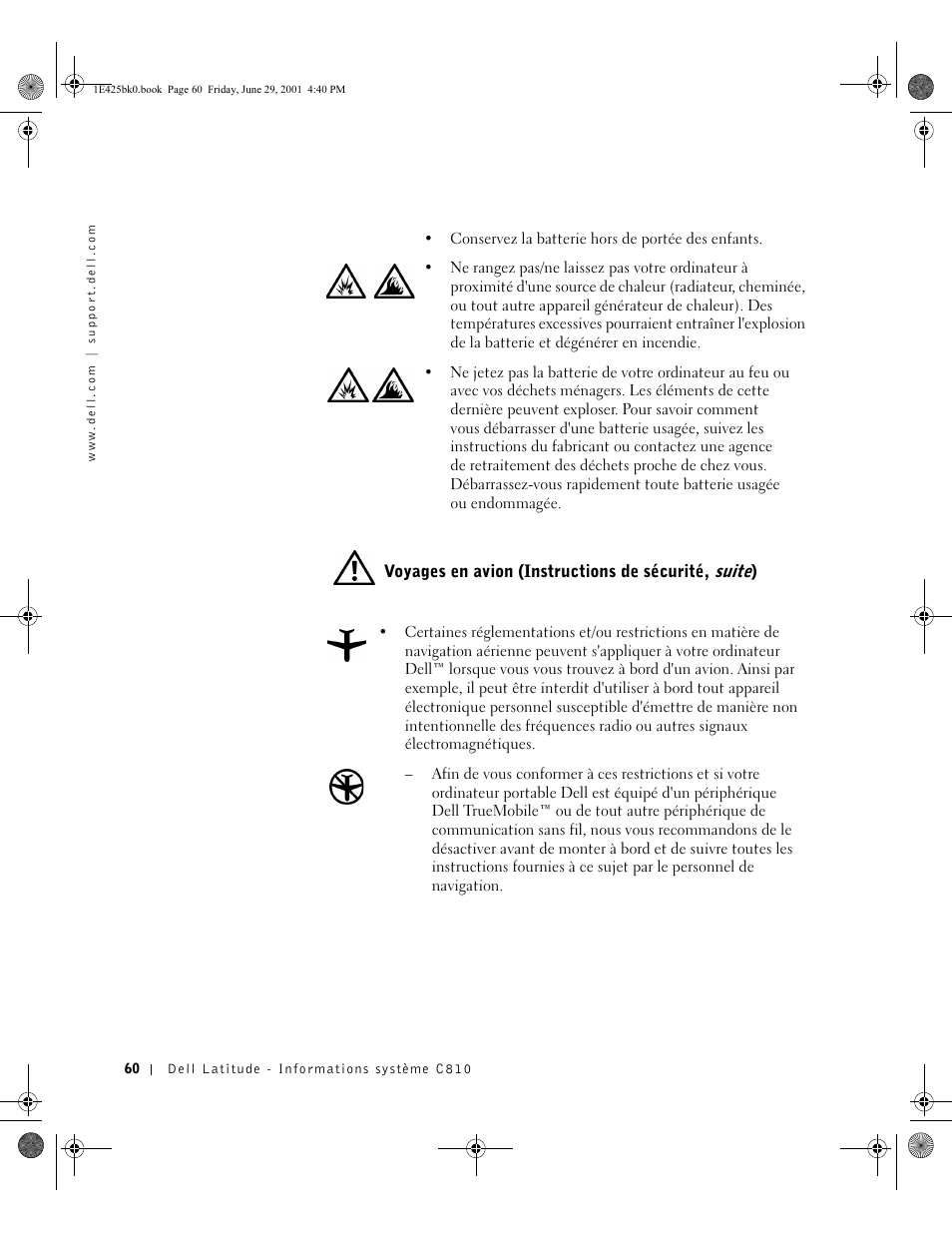 Voyages en avion (instructions de sécurité, suite) | Dell Latitude C810 User Manual | Page 62 / 188