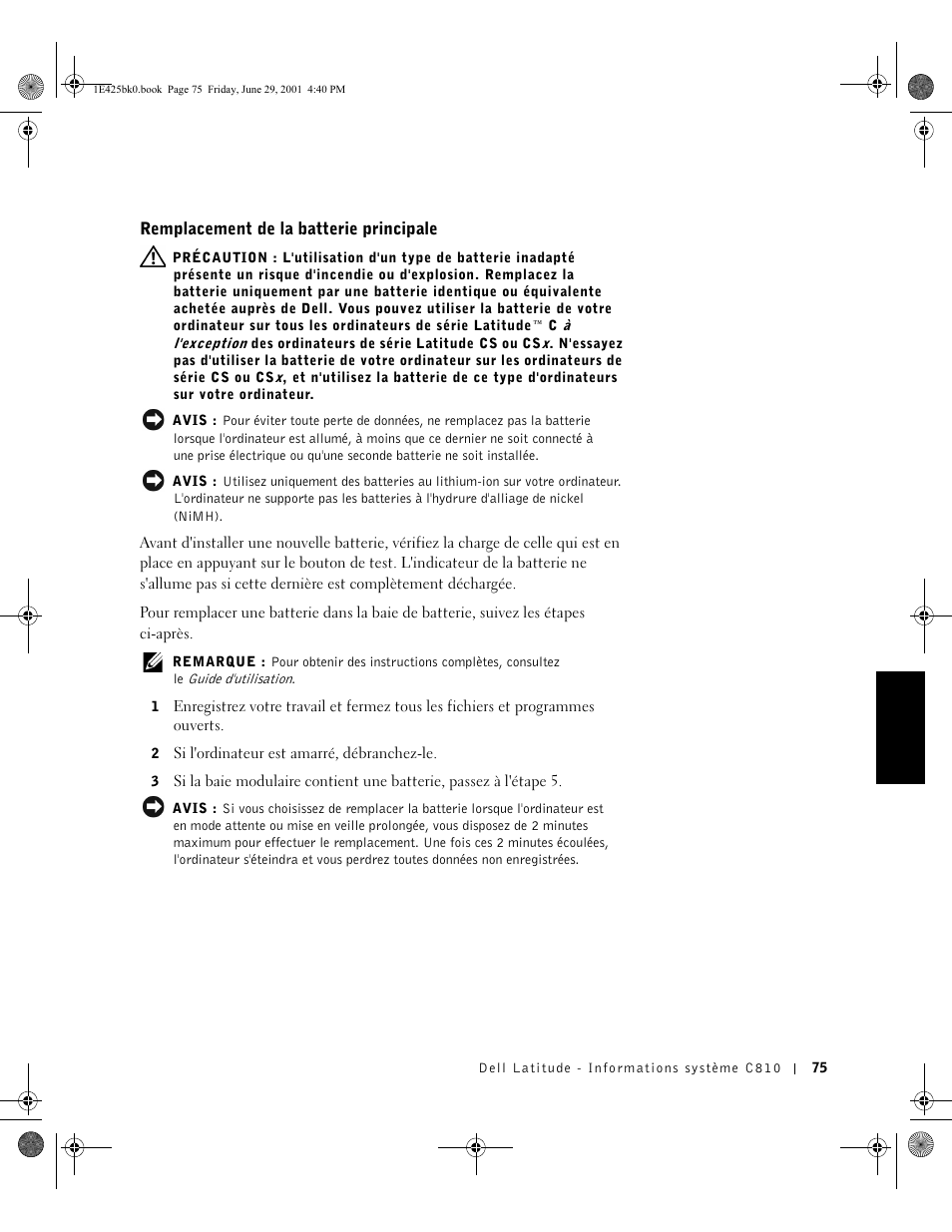 Remplacement de la batterie principale | Dell Latitude C810 User Manual | Page 77 / 188