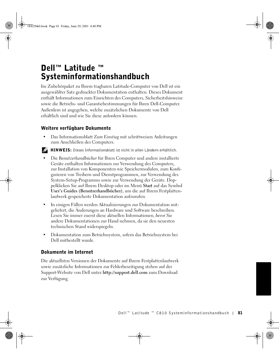 Dell™latitude ™ systeminformationshandbuch, Weitere verfügbare dokumente, Dokumente im internet | Deutsch, Dell™ latitude ™ systeminformationshandbuch | Dell Latitude C810 User Manual | Page 83 / 188