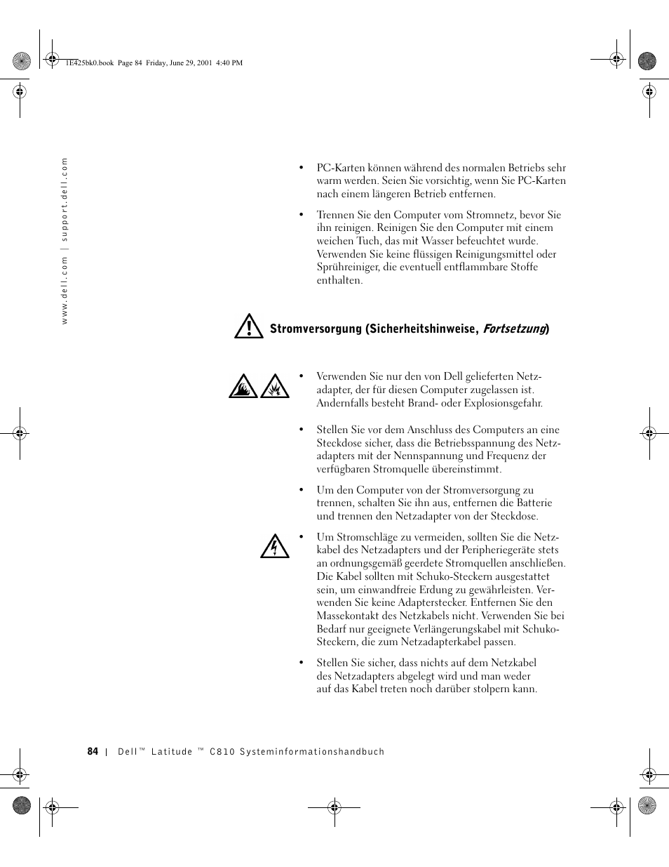 Stromversorgung (sicherheitshinweise, fortsetzung) | Dell Latitude C810 User Manual | Page 86 / 188