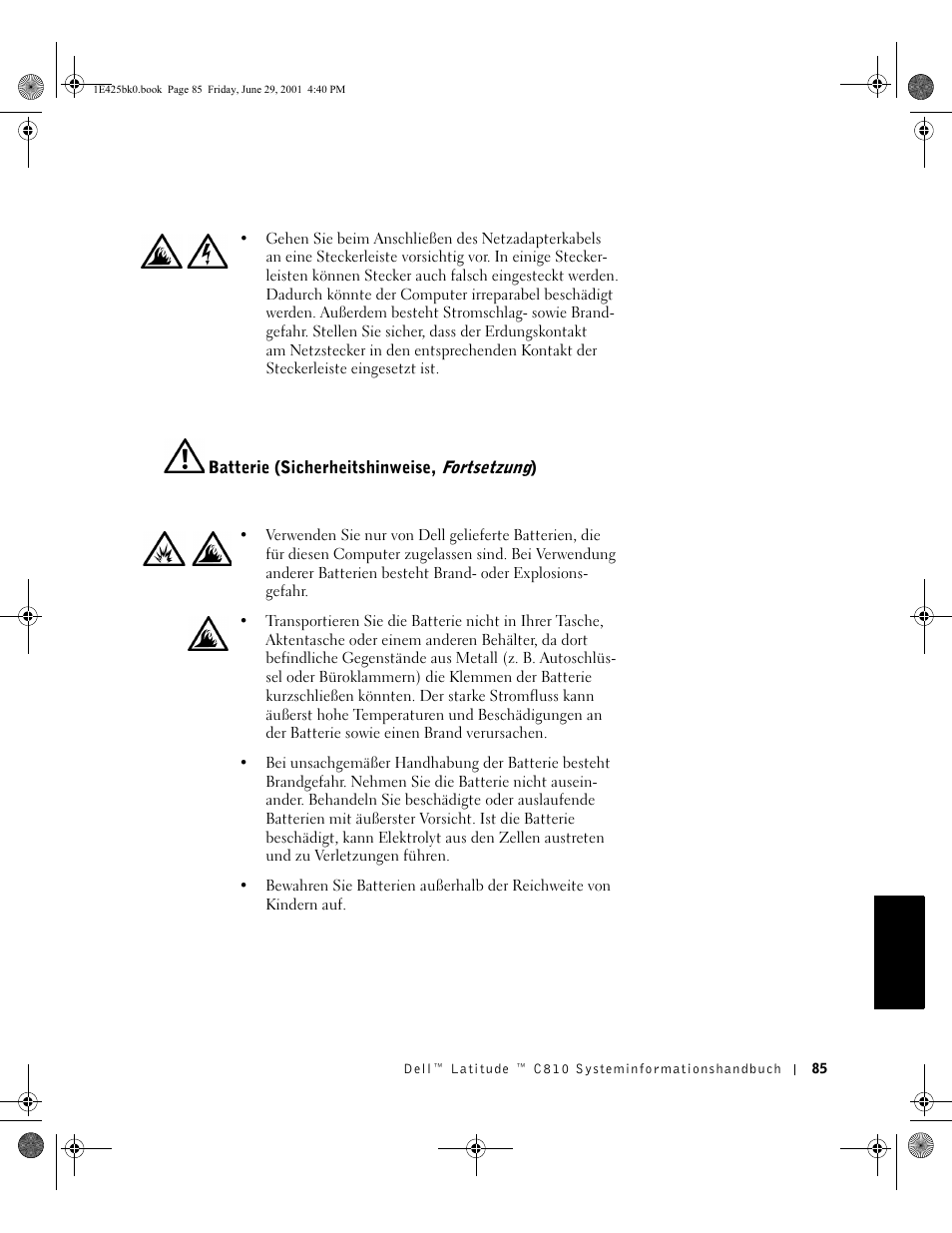 Batterie (sicherheitshinweise, fortsetzung) | Dell Latitude C810 User Manual | Page 87 / 188