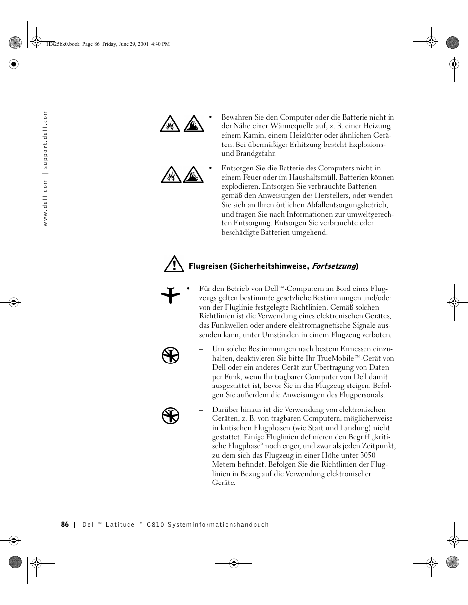 Flugreisen (sicherheitshinweise, fortsetzung) | Dell Latitude C810 User Manual | Page 88 / 188